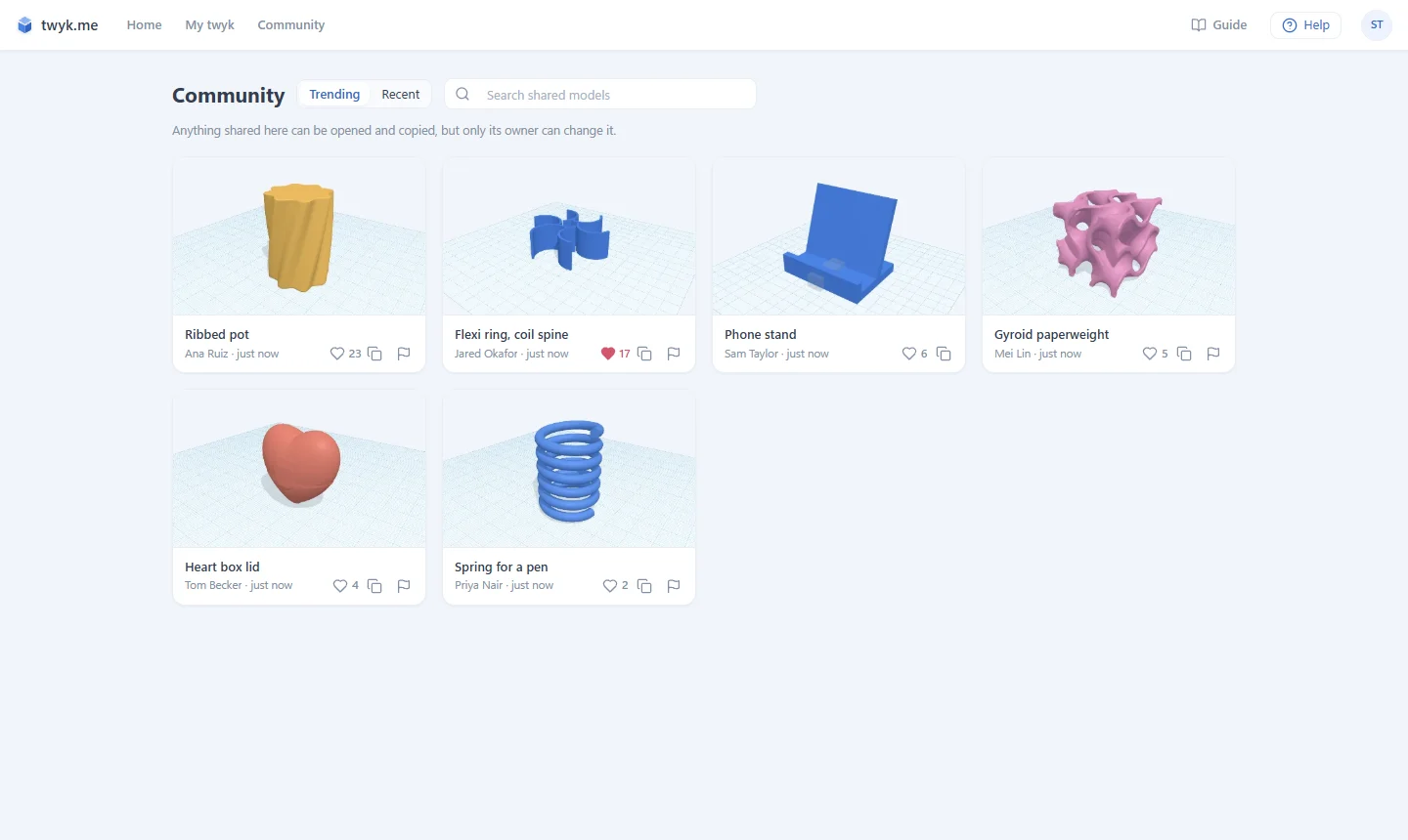 The twyk Community: a grid of shared models with likes