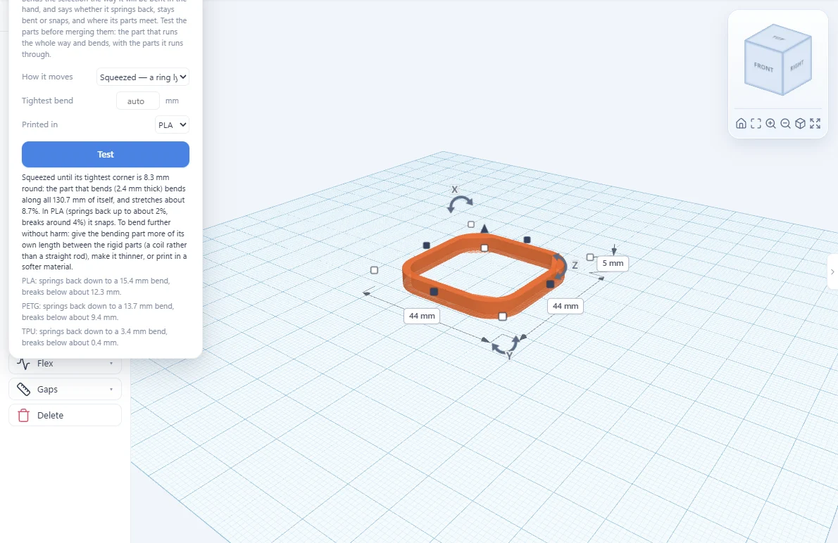 A square flexi ring under the Flex test, with its result