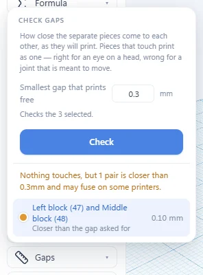 The Check gaps panel listing parts that are too close