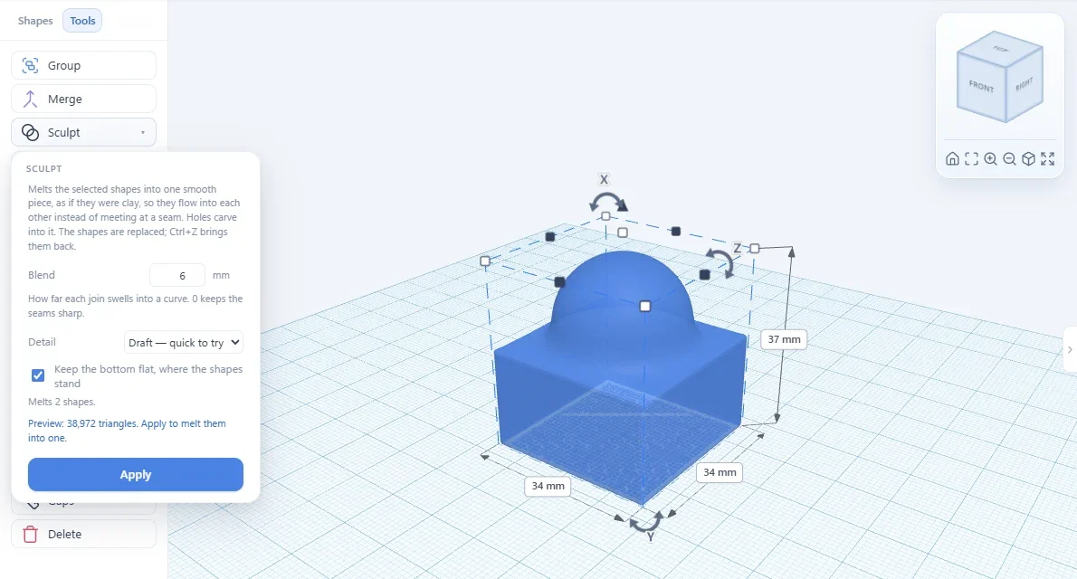 A sphere sculpted into a box, with the Sculpt menu and its blend setting